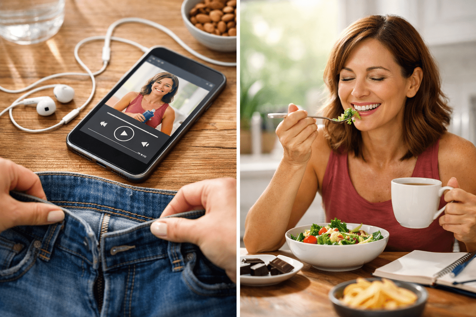 Healthy midlife woman eating gluten free breakfast with coffee, jeans, phone and earbuds during a 30 day gluten free experiment